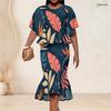 Women Plus Size Round Neck Batwing Sleeve Avocado Printed Ruffle Hem Top Fishtail Skirt Two Piece Set