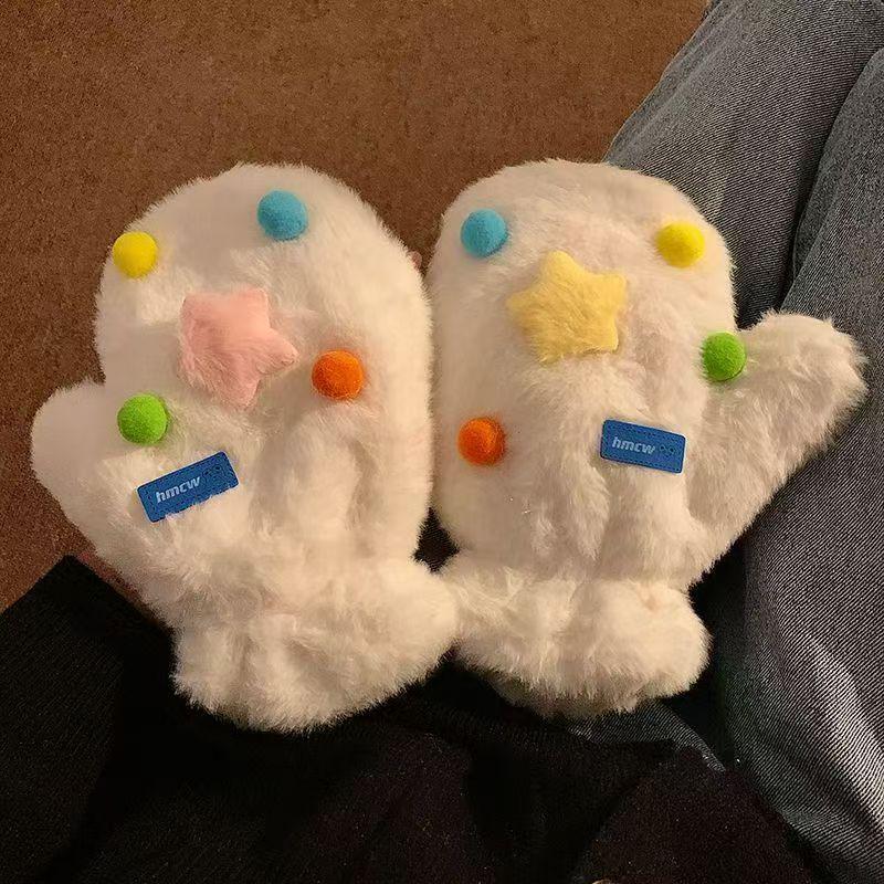 Женские зимние теплые плюшевые варежки с мультяшным рисунком и шейным шнурком - Ветрозащитные перчатки для велоспорта