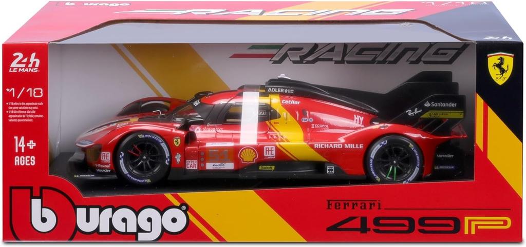 Bburago Scale Model Ferrari 499P 2023 Model Compatible with Antonio Fuoco Race Car Model - 1/18 #51 (Winner)