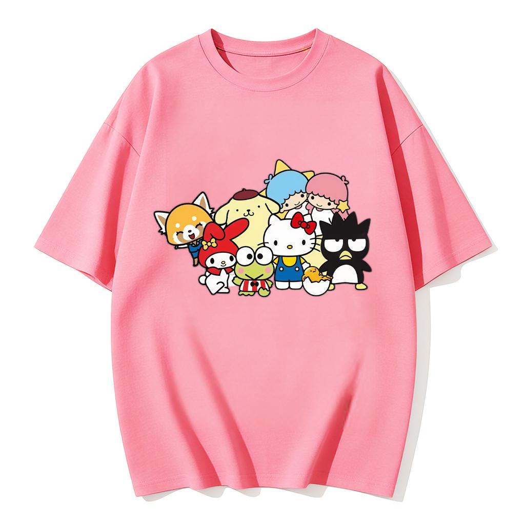 2026 New Sanrio Characters Group Cartoon Print Tshirt Family Matching Outfits Casual Short Sleeve Tee for Women Unisex Kids Tops