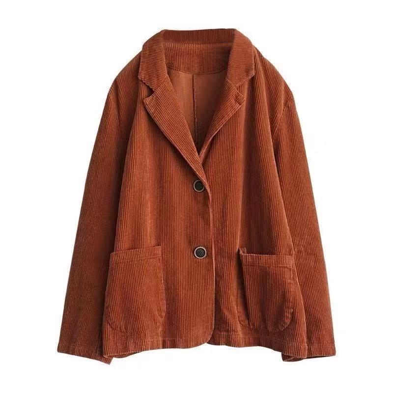 Women Corduroy Jacket Vintage Casual Coat Long Sleeve Loose Single Breasted Blazers Autumn Slim Outwears Female