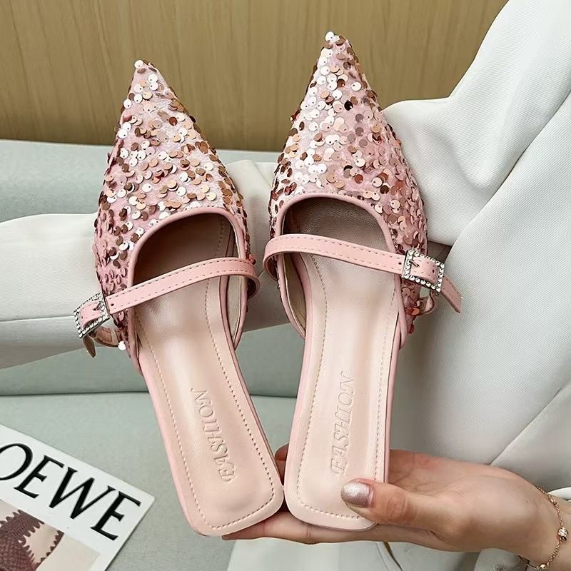 Sequins Black Slides with Heel Shoes Pointed Toe Women's Mules Slippers and Ladies Sandals Unique Korea Style Easy Wears Shoe 39