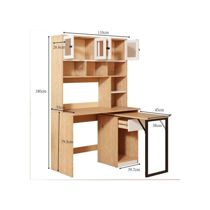 Bureau armoire - Blanc naturel - 180 cm - Espace de rangement polyvalent - Portes en acrylique