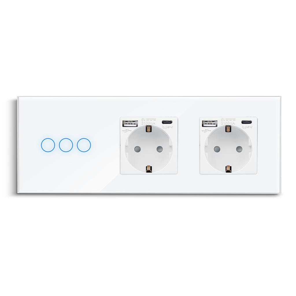 Смарт-сенсорные выключатели Tuya плюс USB-разъемы, вилка типа C, стандарт ЕС, Smart Life, Google Home, управление приложением Alexa