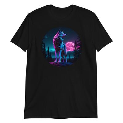 Cyberpunk Wolf With a Night Sky, Full Moon and Stars - Unisex T-Shirt