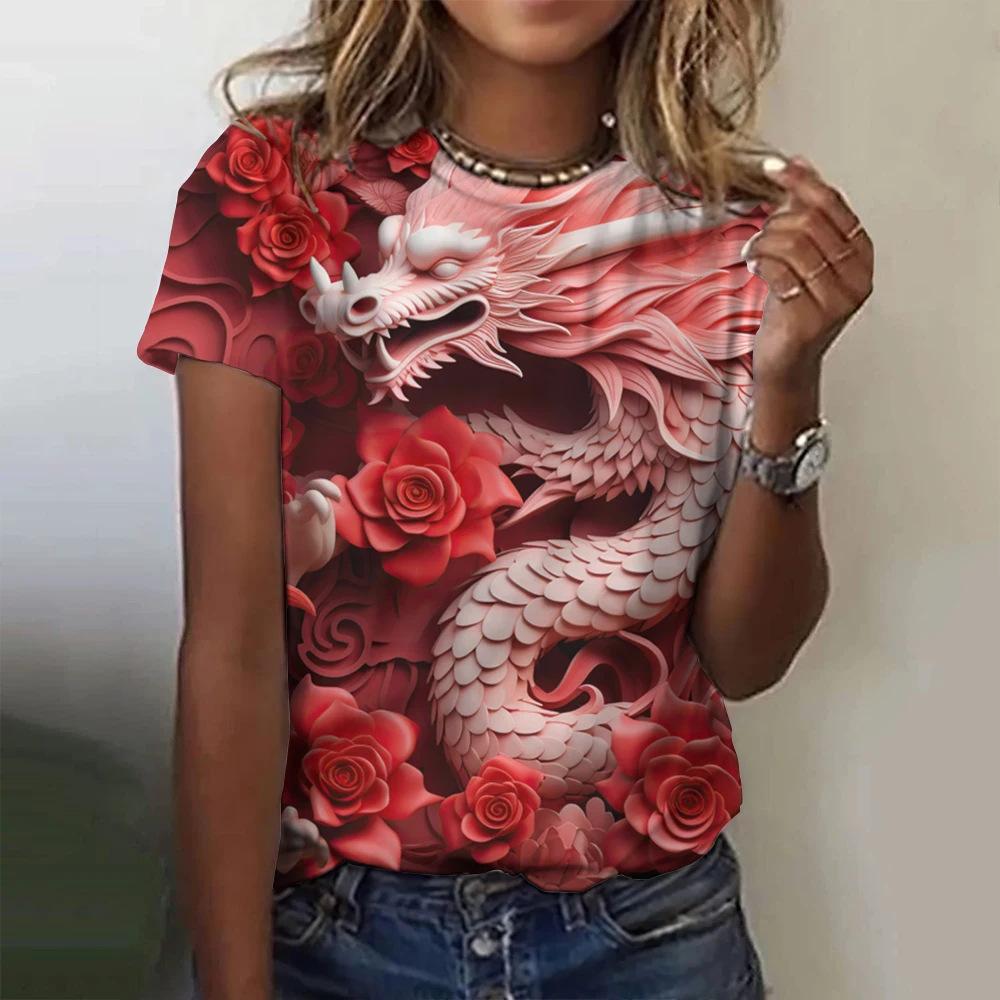 Chinese Loong 3D Digital Printing Women's Fashion Round Neck Short Sleeve T-shirt