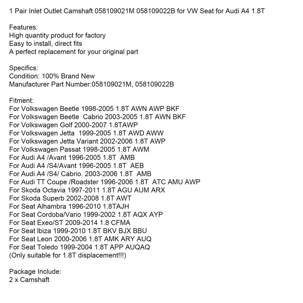 1 пара впускной выпускной распредвал 058109021M 058109022B для VW Seat для A4 1.8T