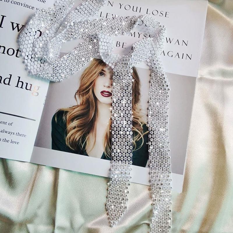 Блестящий длинный шарф, шейные платки, галстук, чокер, ожерелье для женщин, роскошный галстук-бабочка, воротник-ожерелье, ювелирные изделия