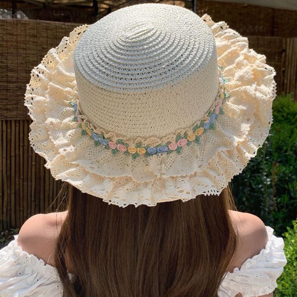 Flat Top Lace Floral Brim Cap Japanese Style Women's Sun Hat Simple Straw Woven Top Hat  Beach