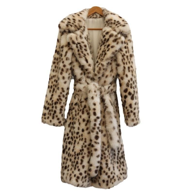 Women's Leopard Print Imitation Fur Jacket Fox Hair Long Coat