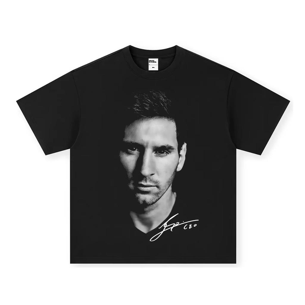 Men's Short Sleeve Messi Football Head Vintage Print Fashion Loose Heavy Oversized Streetwear Y2k Short Sleeve Female Male Clothing