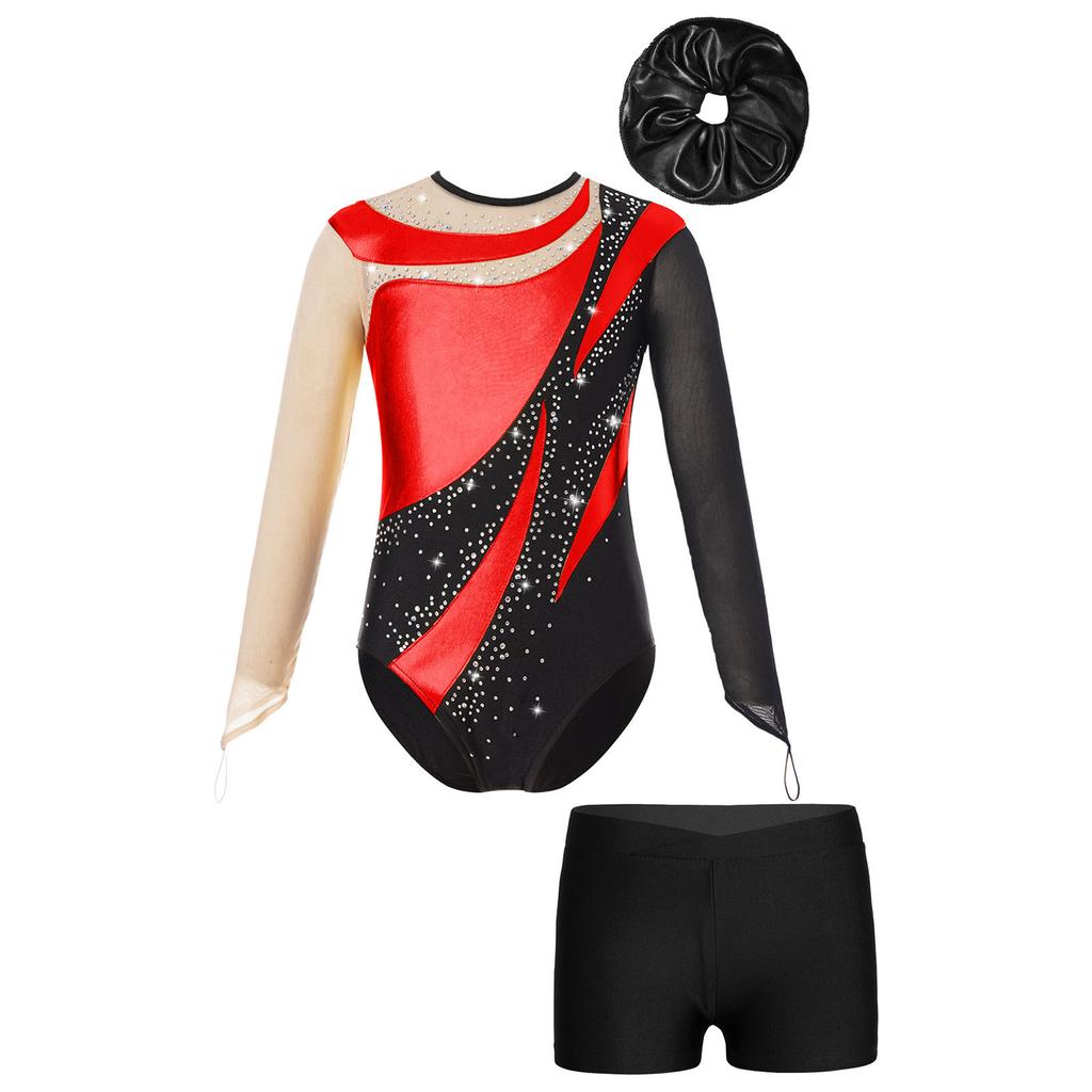 Kids Girls Gymnastic Leotard Long Sleeve Mesh Keyhole Back Design with V-Front Shorts Set