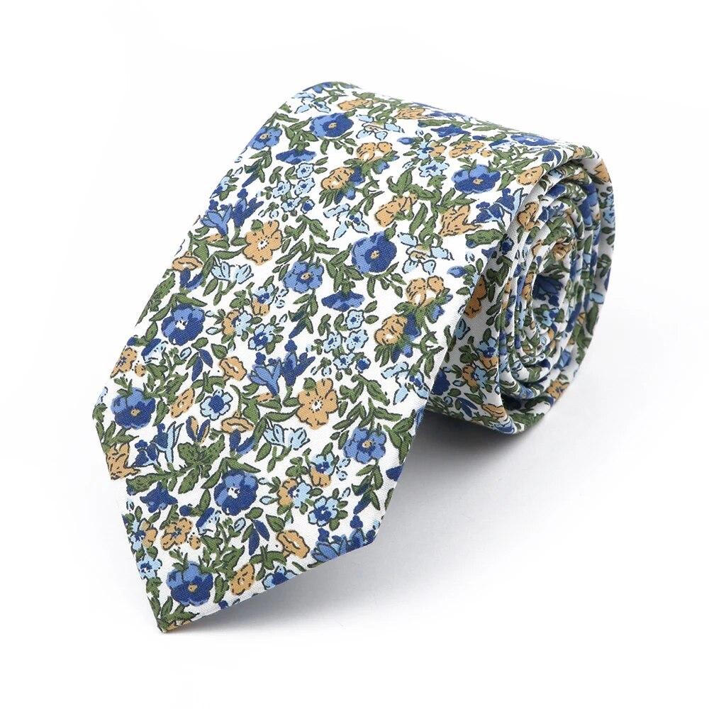 Floral Tie, For Men Women, 100% Cotton, Elegant Flower Necktie, White, Blue, Narrow Skinny, Wedding, Party