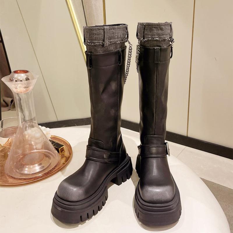 Fashion Platform Women Knight Knee High Boots Fashion Slip On Belt Buckle Long Boots Autumn Winter Women's Thick Heel Shoes
