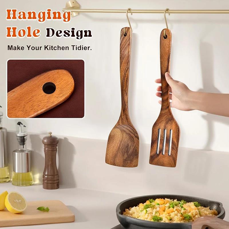 2Pcs Wooden Spatula Acacia Wood Long Handle Flat Frying Turner Spatulas Nonstick Cooking Utensils Cooking Tools Kitchen Supplies 4