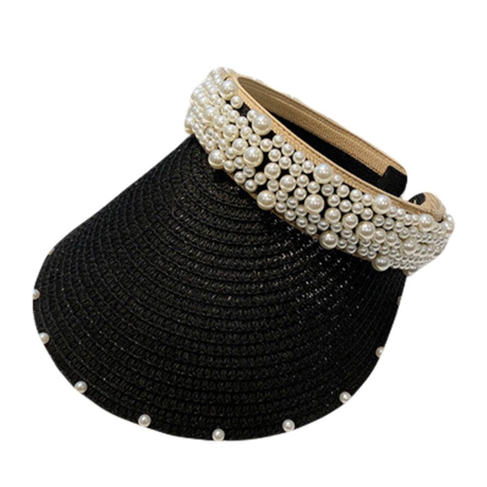 Wide Brim Sun Hat Pearl Decorated Straw Hat Imitation Pearl Beach Hat UV Protection