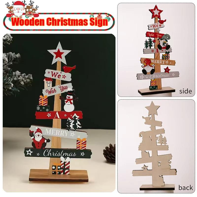 2025 Wooden Christmas Tree Desktop Decor with Santa Snowman Sign Plaque for Home Office Xmas New Year Gift Wholesale