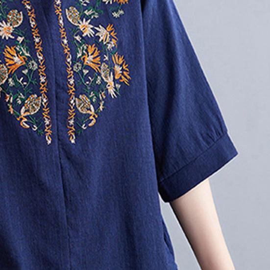 Women Summer Casual Shirt V-Neck Half Sleeve Pullover Tops Embroidery Floral Pattern Loose Fit Comfortable Breathable Blouse