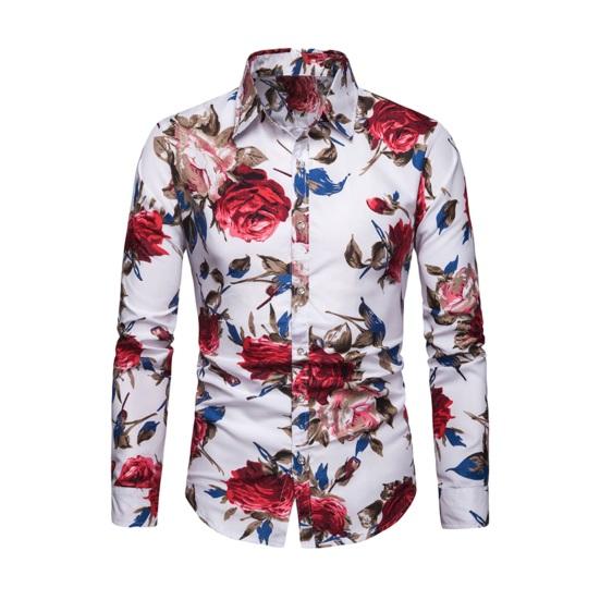 Men Spring Summer Shirt Turn-down Collar Single-breasted Slim Fit Long Sleeve Buttons Soft Breathable Vivid Flower Print Mid Length Men Top
