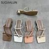 Fashion SUOJIALUN Summer Square Low Heel Women Slipper Fashion Narrow Band Ladies Sandal Outdoor Beach Casual Slides Shoes Big Size 40