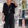 2 Pcs/Set Lady Top Pants Suit Baggy V Neck Pleated Wide Leg Solid Color Loose Soft High Elastic Waist Three Quarter Bat Sleeves Casual