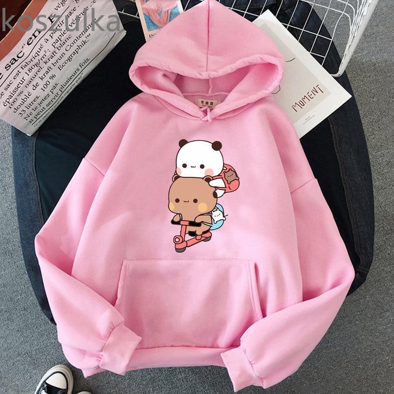 Women Kawaii Panda Bear Bubu and Dudu Hoodie Cute Couple Are Doing Exercise Sweatshirt Girls Pocket Clothes Men Tops Long Sleeve