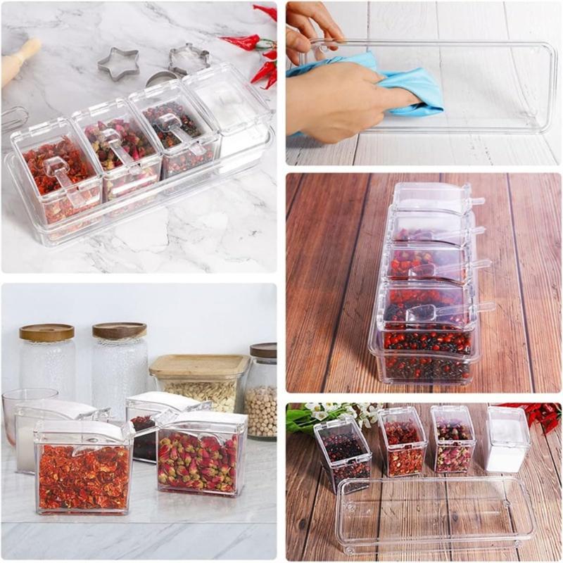 Convenient Seasoning Container 4 Compartment Condiment Storage Box Transparent Spices Container Organization Tool