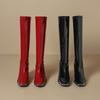 Fashion New Trendy Versatile Patent Leather Plus Size Tall Boots Square Toe Block Heel Metal Trim Back Zipper Thigh Boots for Women