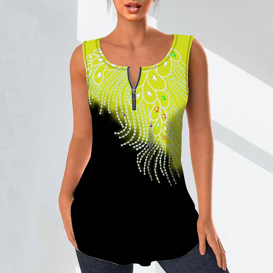 Women's Fashion V Neck Shirts Casual Tops T-shirt Ladies 3D Pearl Pendant Pattern Print Vest Plus Size Sleeveless Blouse Tank Tops