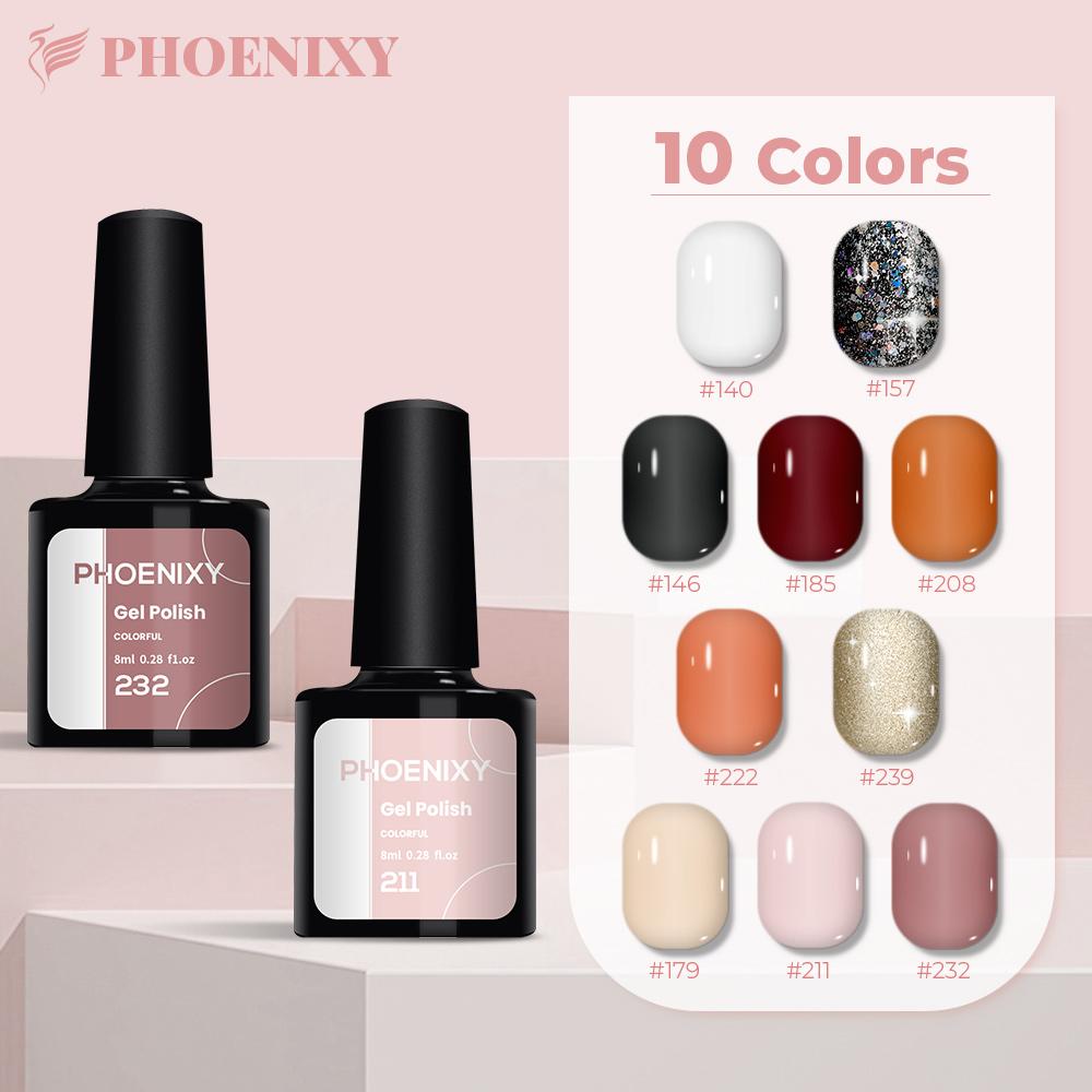 PHOENIXY 10 шт. чистый цвет гель-лак для ногтей яркий для нейл-арта лак база верхнее покрытие светодиодная/УФ-лампа 8 мл набор гелей для лака