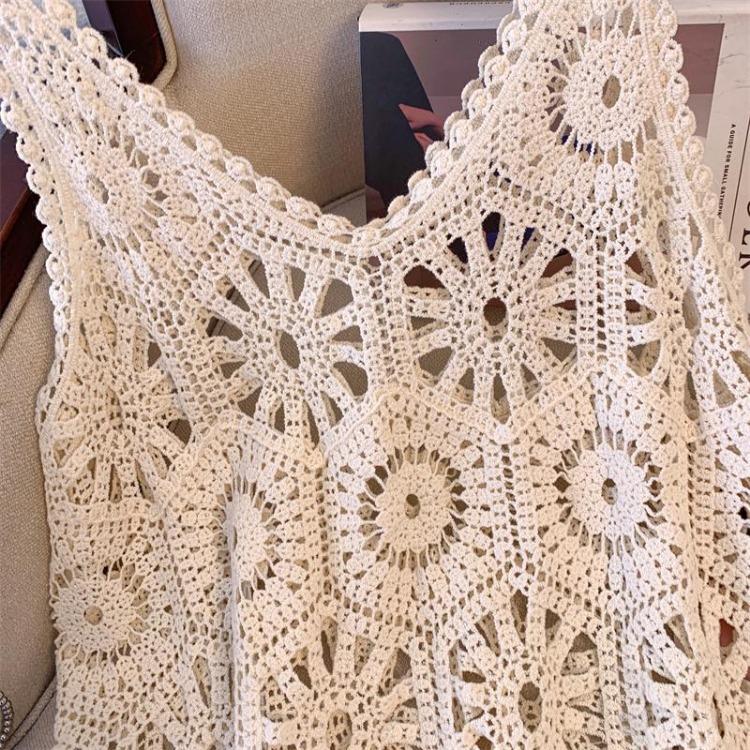 Сексуальное кружевное вязаное платье Женское с вырезами Длинный жилет Летние свободные базовые топы Футболки с круглым вырезом Стиль Dimanaf Новинка