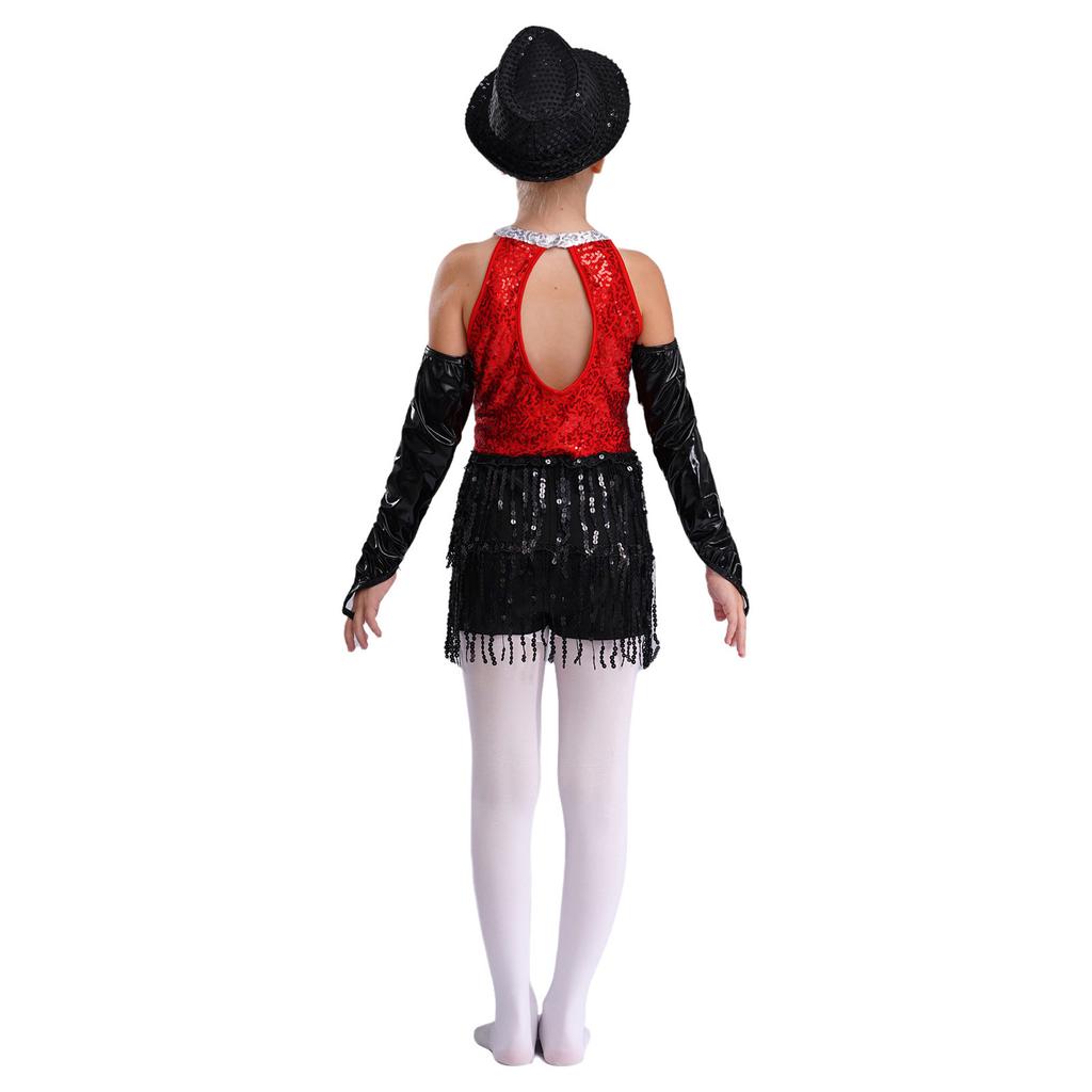 Латинский джазовый танцевальный купальник для девочек, без рукавов, с вырезом-замочной скважиной на спине, с пайетками, кисточками, металлическими перчатками и шапочкой