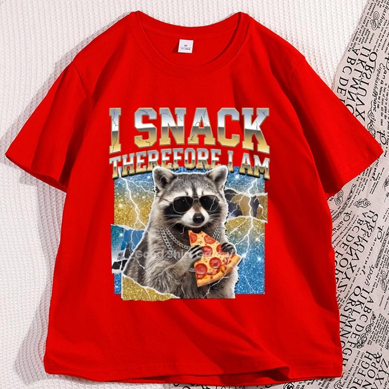 Raccoon Pizza TShirt I Snack Therefore I Am Graphic Tees Funny Animal Lover T Shirt Retro Cotton Short Sleeve Round Neck Tee
