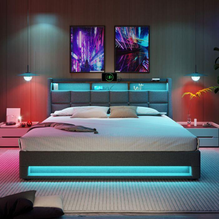 Двуспальная кровать - MUVOE - 140x200 см - С обивкой и USB - Светодиодная подсветка - Винтажный дизайн