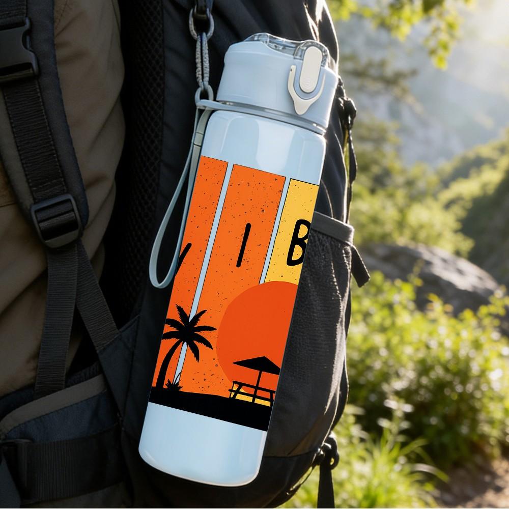 1PC Sunset Vibes Palm Tree 750ml Color Plastic Sports Water Bottle Leakproof Flip Straw Lid Suitable for Sports Office Home Use