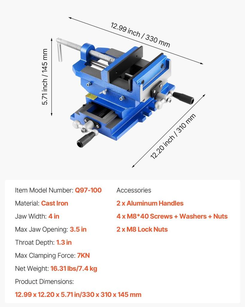 Cross Slide Drill Press Vise, 4 Inch Jaw Width, 2 Way X-Y Axis Bench Vise, 3.5 Inch Max Jaw Opening, Heavy Duty Cast Iron, Workbench Vice Clamp, for