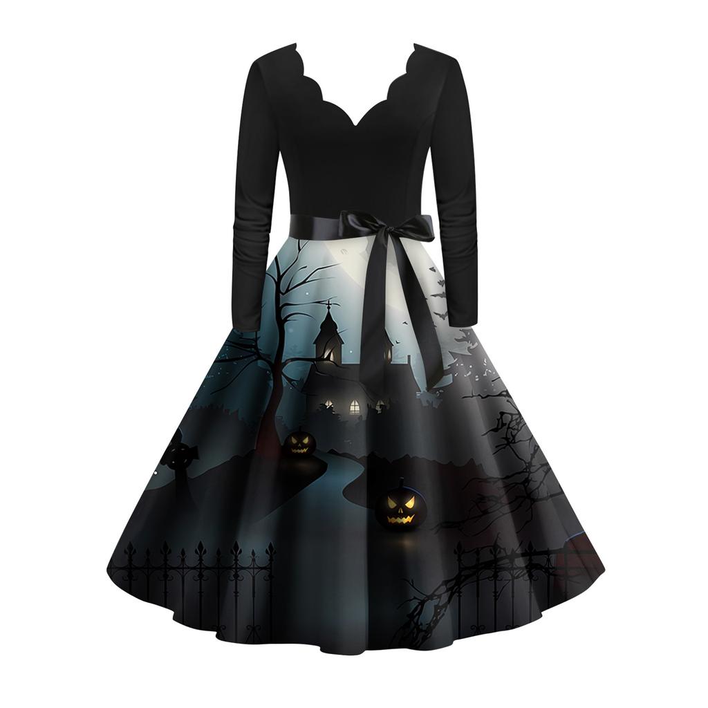 Женское винтажное классическое платье с вырезом на талии и галстуком-бабочкой с длинными рукавами на Хэллоуин с принтом и V-образным вырезом, свободное платье