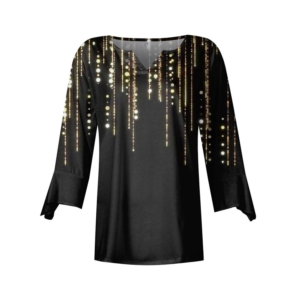 Женский топ, свободные повседневные однотонные блузки с v-образным вырезом, футболка с рукавом 3/4 и колокольчиком