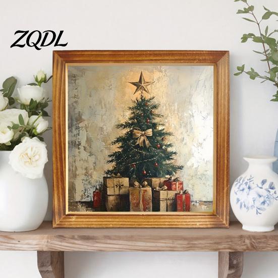 Rustic Wood Art Prints Double-Layer Wooden Framed Christmas Wall Art, Retro Santa Reindeer Picture Frame, Coffee Area Hangable Tabletop Xmas Decor for
