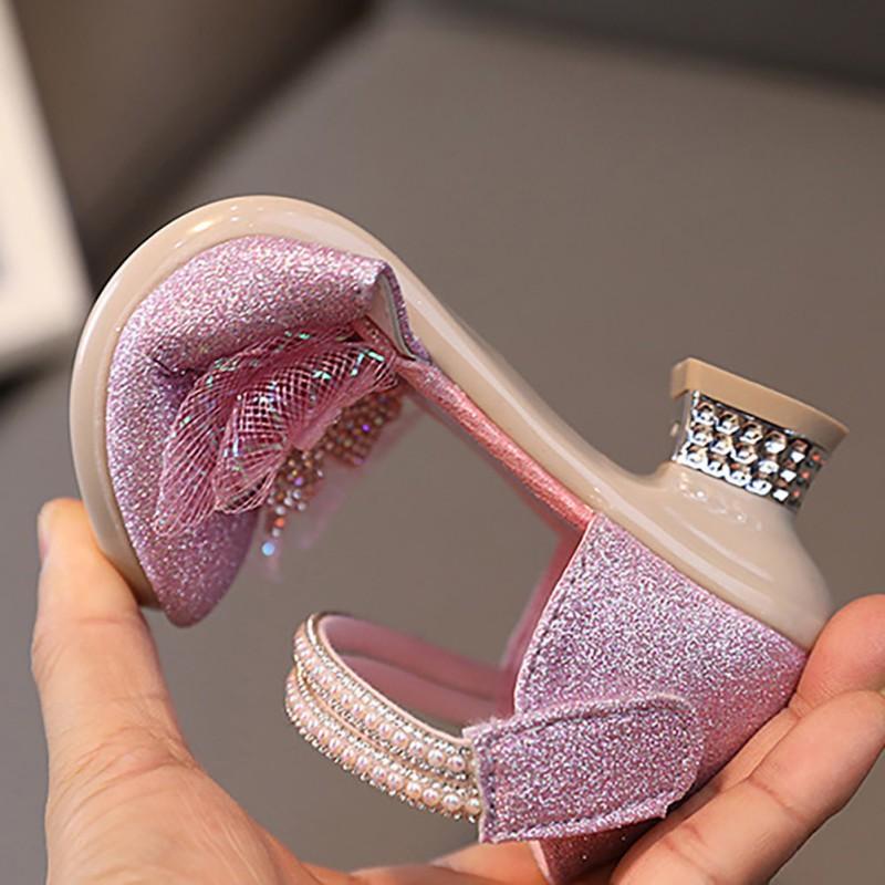 Детские блестящие туфли на высоком каблуке для девочек, элегантные туфли принцессы с бантом