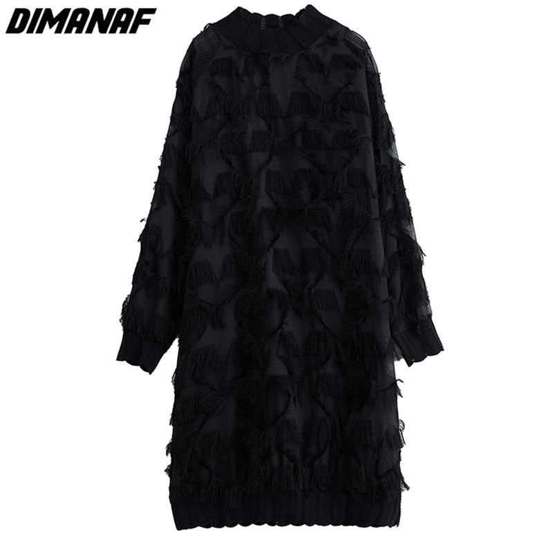 Dimanaf Plus Size Women 2023 New Summer Style Dress Long Sleeve O-Neck Floral Loose Dress Basic Black New