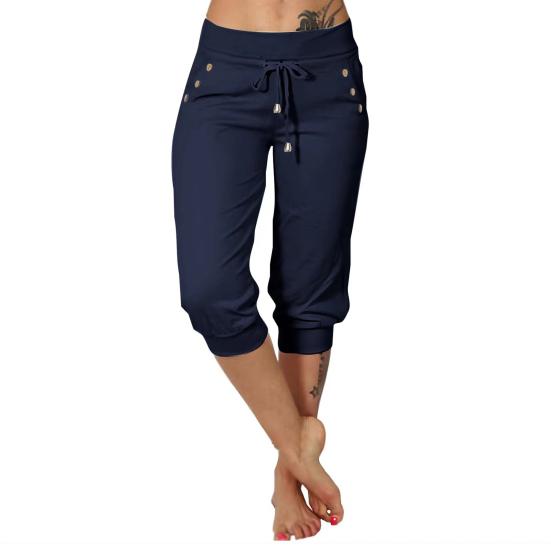 Женские укороченные брюки, эластичные, с высокой талией, регулируемые, с завязками, до середины голени, с карманами, однотонные, эластичные, спортивные штаны для йоги