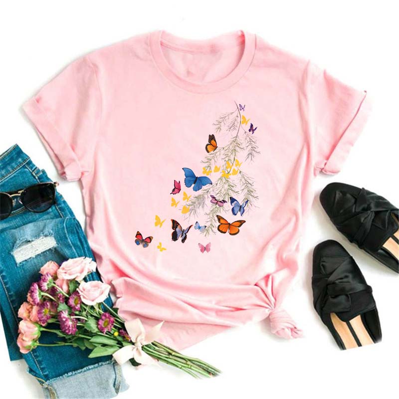 Женская футболка с принтом цветов и бабочек, повседневная футболка с коротким рукавом, женская футболка, женская футболка с рисунком