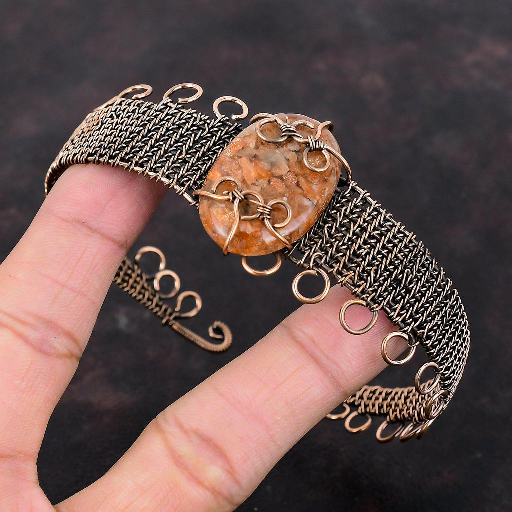 Браслет из солнечного камня, медная проволока, браслет-манжета, регулируемый браслет, ювелирные изделия из солнечного камня, драгоценные камни, манжеты ручной работы, медные украшения, подарок на годовщину