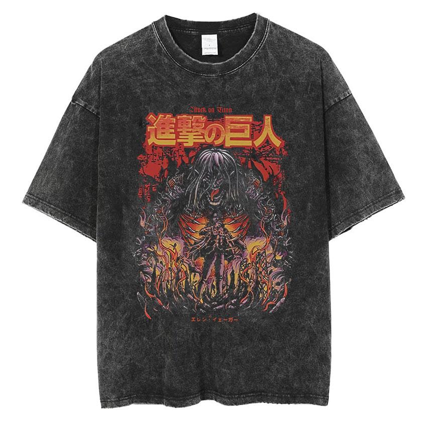 Anime Attack Titan Retro Wash Printed Tshirt Mikasa Ackerman Eren Jaeger Free Wings Pattern Mens Summer Tshirt