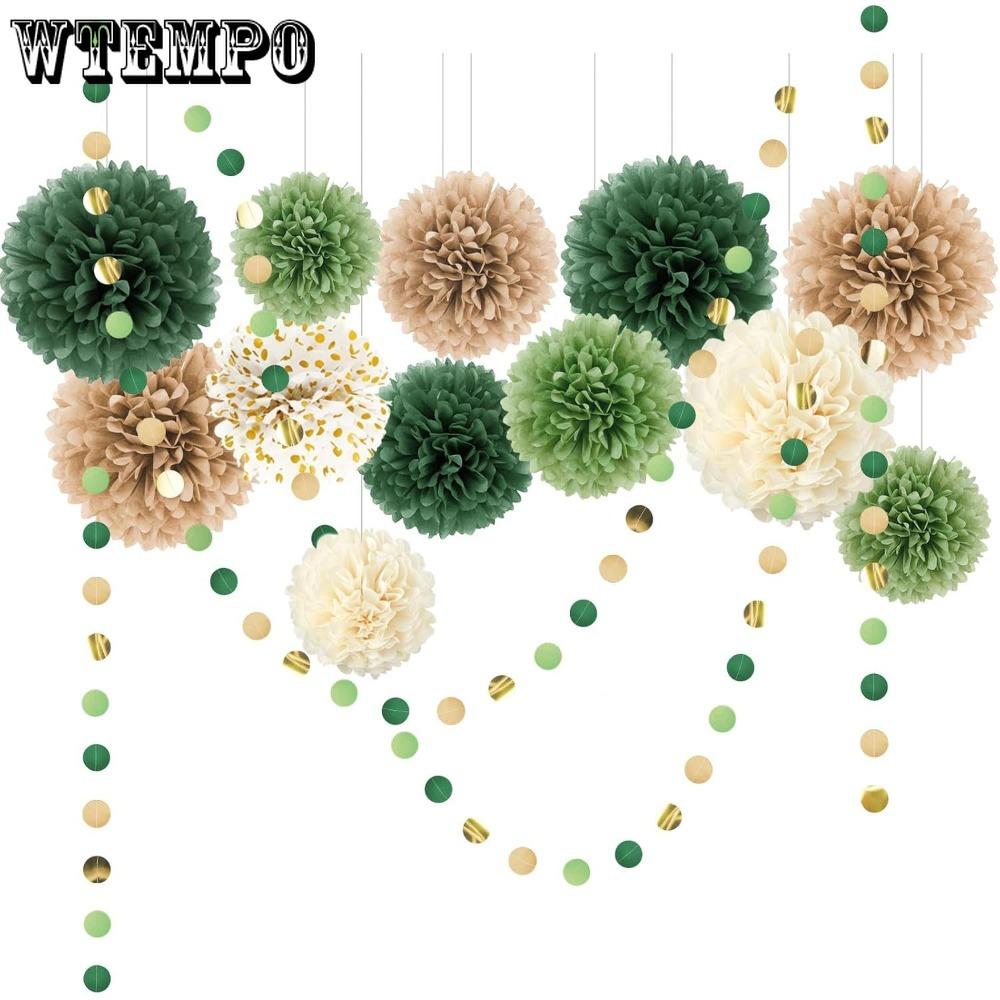 15pcs Wedding Party Decorations Set Green Tissue Paper Pom Poms Dot Paper Garland String Hanging Backdrop for Engagement Green Boho Wedding
