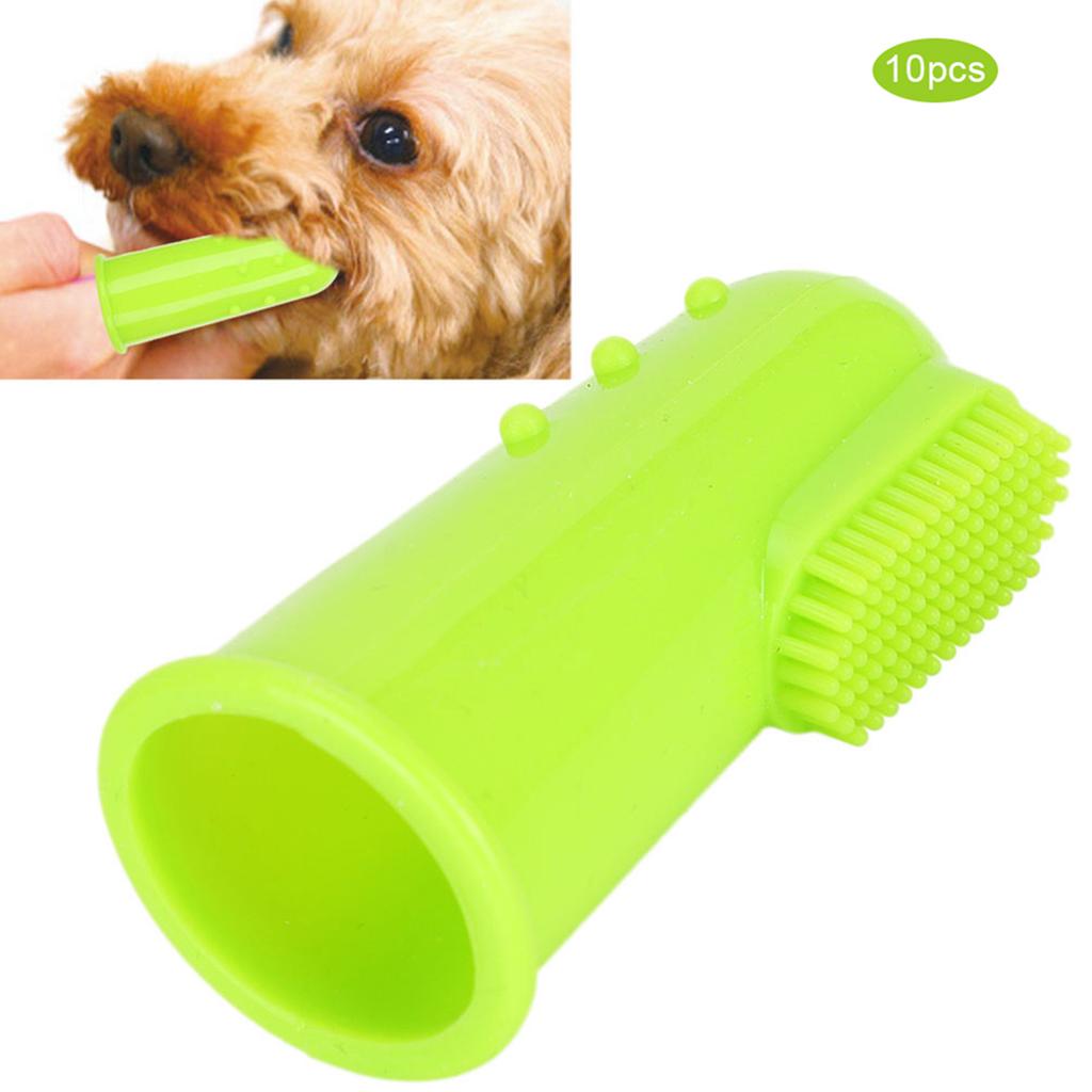 10PCS Silicone Soft Pet Finger Toothbrush Green Teeth Cleaning Tool for Cats DogsGreen