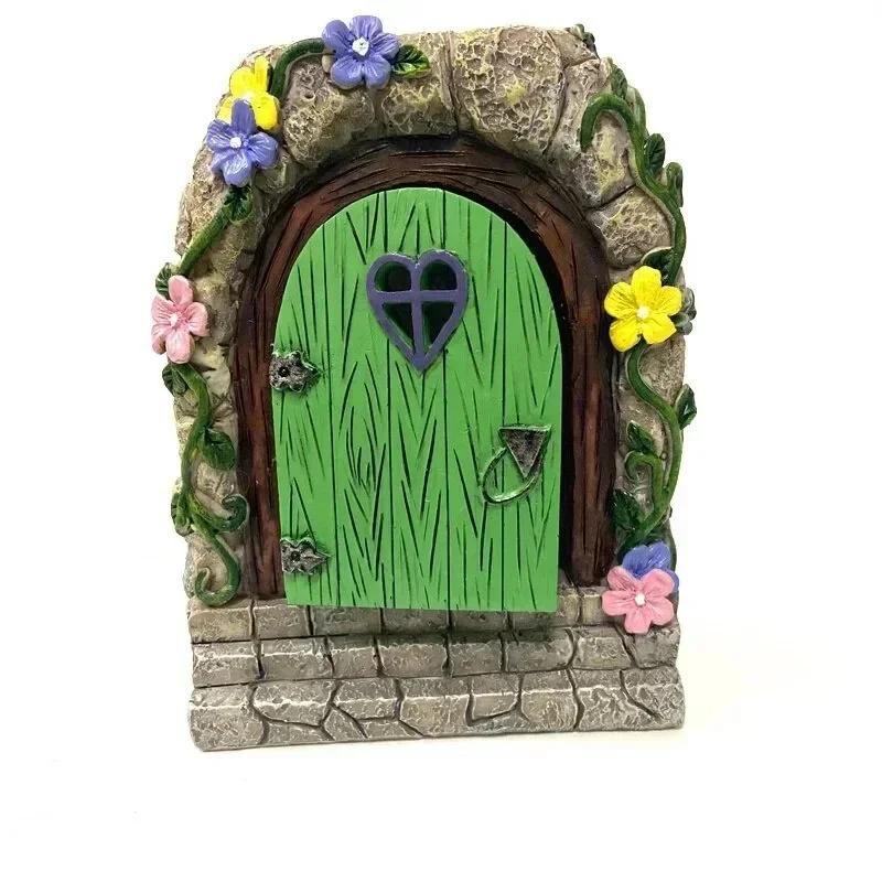 Fairy Gnome Door Figurines Elf Home Wooden Fairy Garden Door Art Tree Sculpture Statues Ornament Outdoor Decoration Miniatures