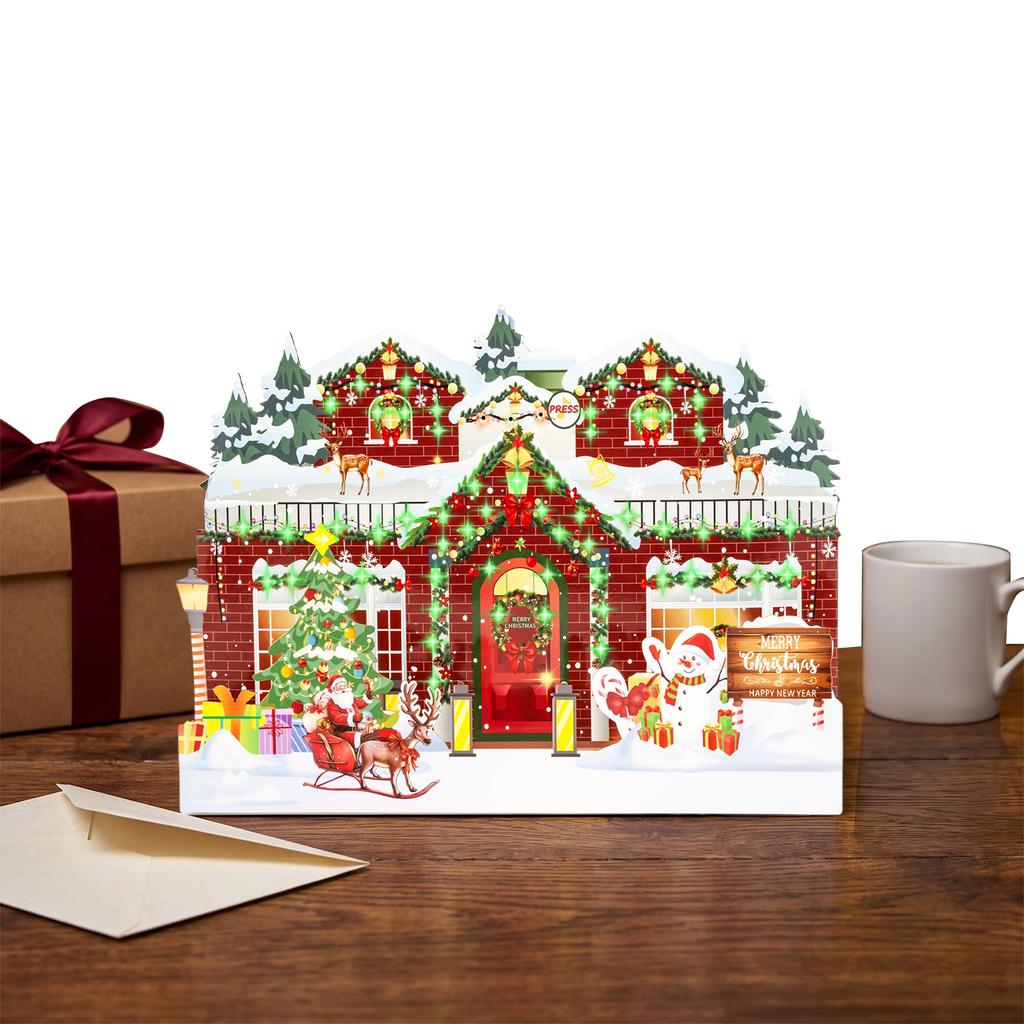 Christmas 3D Pop Up Greeting Card Flashing LED Lights Music Holiday Xmas Card Santa Snowman Reindeer Gift