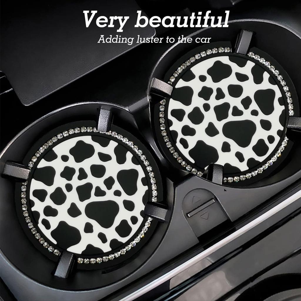 2PCS Bling Cow Print Car Accessories for Women, Universal Auto Cute Anti Slip Cup Holder ert Coaster